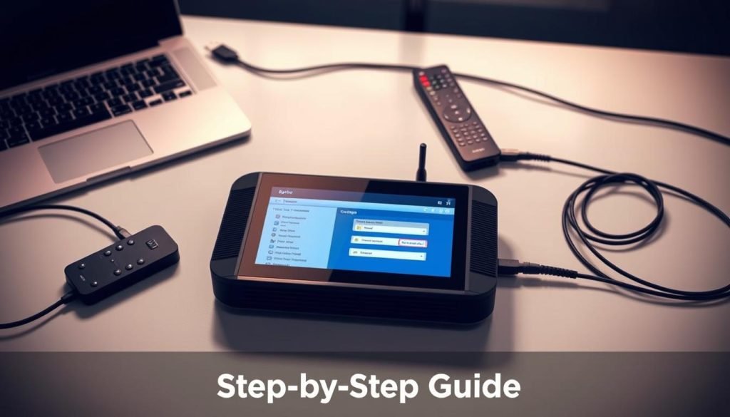 A modern, well-designed IPTV device on a minimalist desk, surrounded by a setup of a laptop, remote control, and cables. The device has a sleek, rectangular shape with clean lines and a matte black finish. The screen displays a user-friendly configuration interface, showcasing connectivity options and settings. Soft, indirect lighting illuminates the scene, creating a calm and professional atmosphere. The overall composition emphasizes the ease of setup and the simplicity of managing an IPTV subscription, aligning with the "Step-by-Step Guide" section of the article. A modern, well-designed IPTV device on a minimalist desk, surrounded by a setup of a laptop, remote control, and cables. The device has a sleek, rectangular shape with clean lines and a matte black finish. The screen displays a user-friendly configuration interface, showcasing connectivity options and settings. Soft, indirect lighting illuminates the scene, creating a calm and professional atmosphere. The overall composition emphasizes the ease of setup and the simplicity of managing an IPTV subscription, aligning with the "Step-by-Step Guide" section of the article.