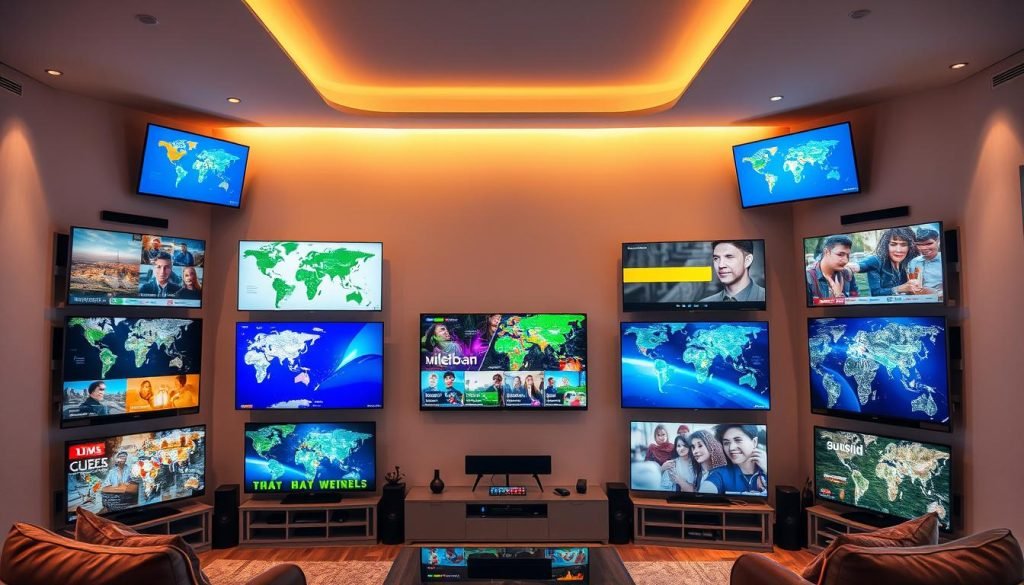A vibrant global tapestry of international television channels, displayed on multiple high-definition screens in a modern, minimalist media room. The screens showcase diverse content from around the world, with clear, crisp images and dynamic, colorful graphics. The room is bathed in warm, diffused lighting, creating a cozy, inviting atmosphere. The layout is symmetrical and balanced, with the screens arranged in an eye-catching, visually pleasing manner. The overall scene conveys a sense of cultural interconnectedness, technological sophistication, and the ability to access a wide array of international programming. A vibrant global tapestry of international television channels, displayed on multiple high-definition screens in a modern, minimalist media room. The screens showcase diverse content from around the world, with clear, crisp images and dynamic, colorful graphics. The room is bathed in warm, diffused lighting, creating a cozy, inviting atmosphere. The layout is symmetrical and balanced, with the screens arranged in an eye-catching, visually pleasing manner. The overall scene conveys a sense of cultural interconnectedness, technological sophistication, and the ability to access a wide array of international programming.